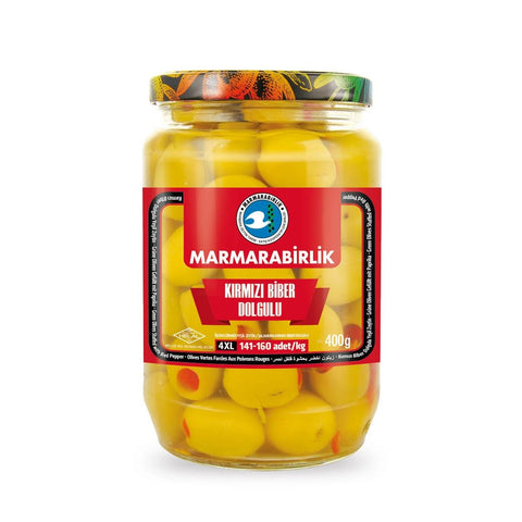 Marmarabirlik Yeşil Zeytin, 4XL Beden - Kırmızı Biber Dolgulu (400 gr 14.1oz)