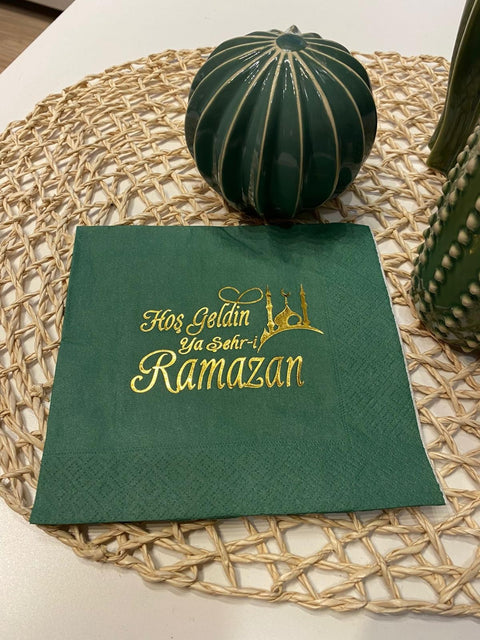 Gold Yaldızlı Yeşil Hoş Geldin Ya Şehr-i Ramazan Peçete (33x33)