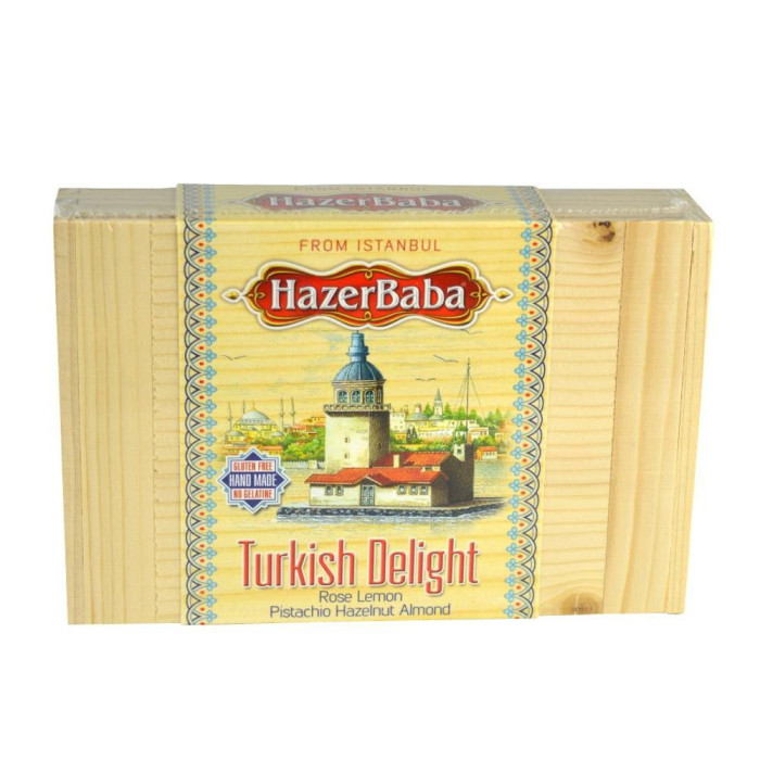 Hazerbaba Turkish Delight (Rose Lemon Pistachio Hazelnut Almond) in Wooden Drum (277 gr 8oz)