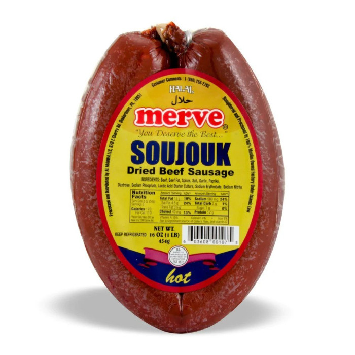 Merve Beef Sausage Halal Soujouk (Sucuk) hot 16 oz 454 g